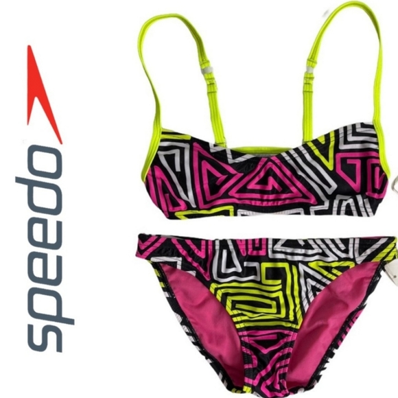 Speedo 2 Piece Swimsuit Neon Pink Yellow Black - Picture 1 of 7